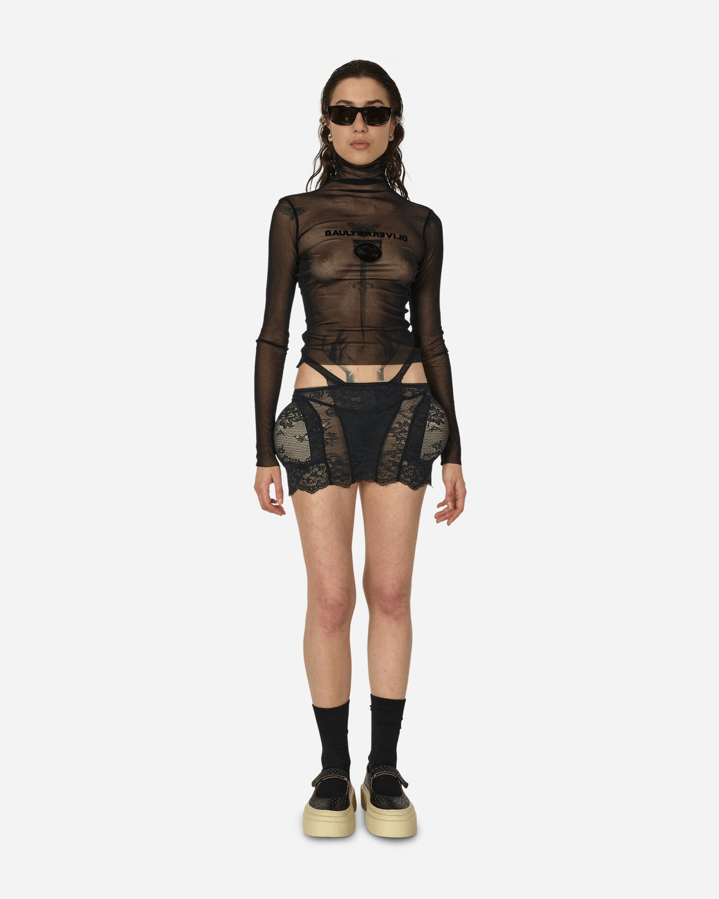 Jean Paul Gaultier Wmns Mesh Turtle Neck Flocked Earth Black T-Shirts Longsleeve TO187I-T001 0000