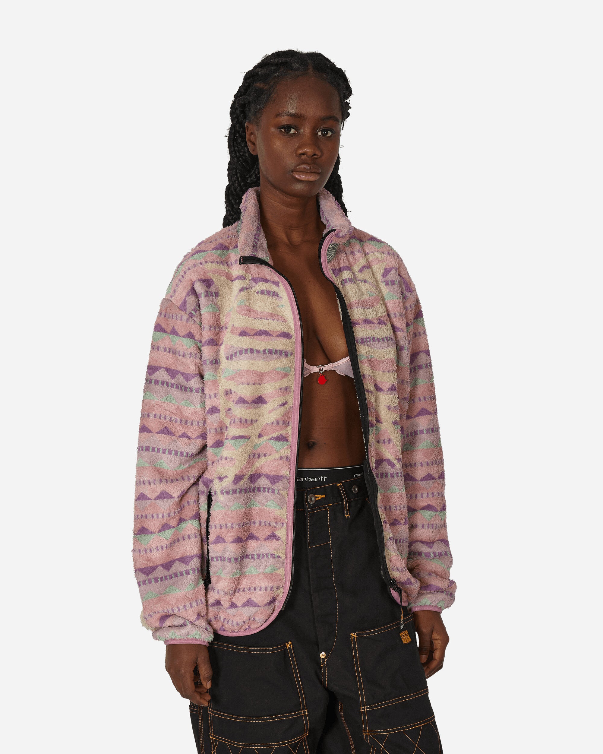 KAPITAL Ashland Stripe & Bone Fleece Zip Jacket Pink - Slam Jam